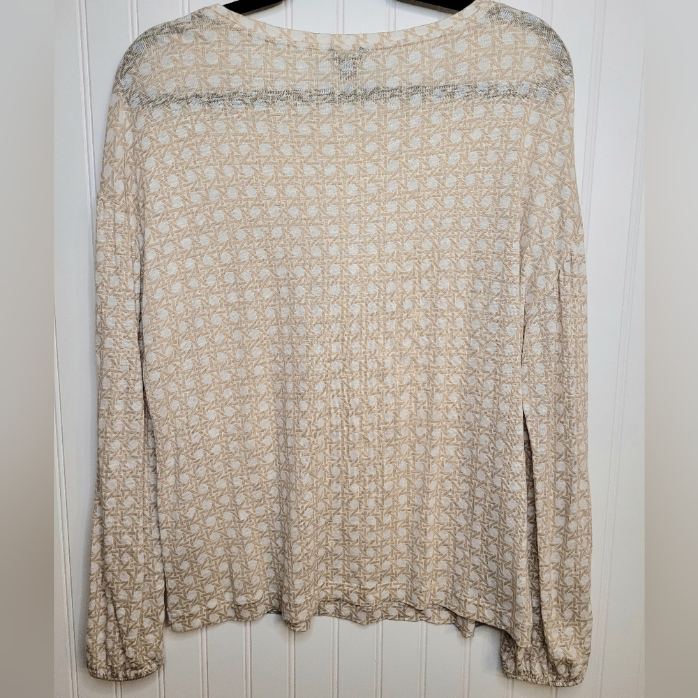 Ann Taylor Linen Tan Geometric Print Top Size L Neutral Minimalist Quiet Luxury - Picture 3 of 6